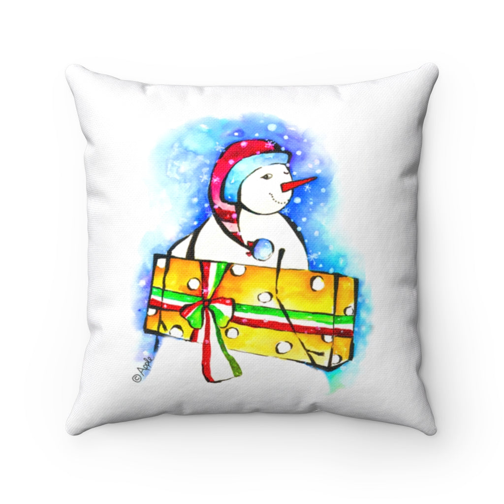Spun Polyester Square Pillow Case - Snowman with gift
