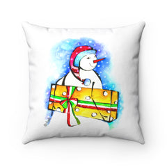 Spun Polyester Square Pillow Case - Snowman with gift