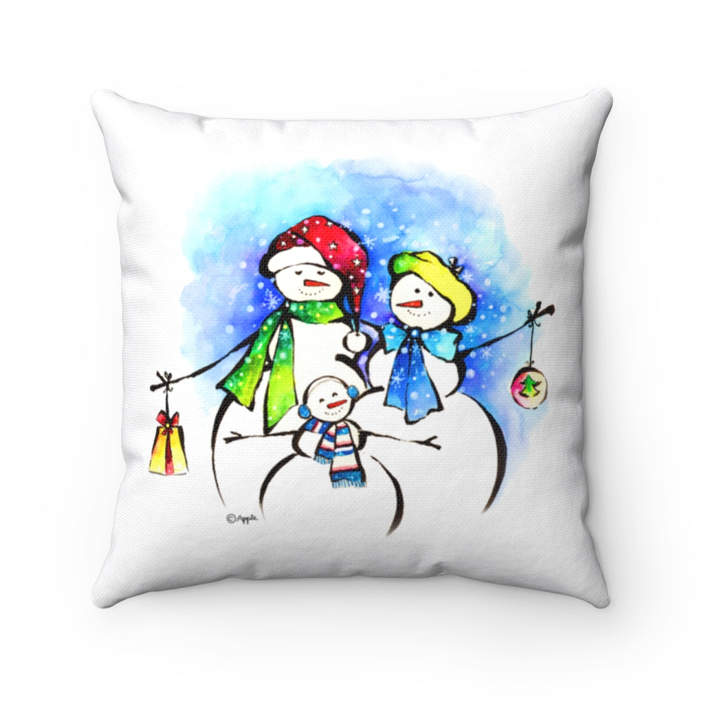 Spun Polyester Square Pillow Case - Snowman family